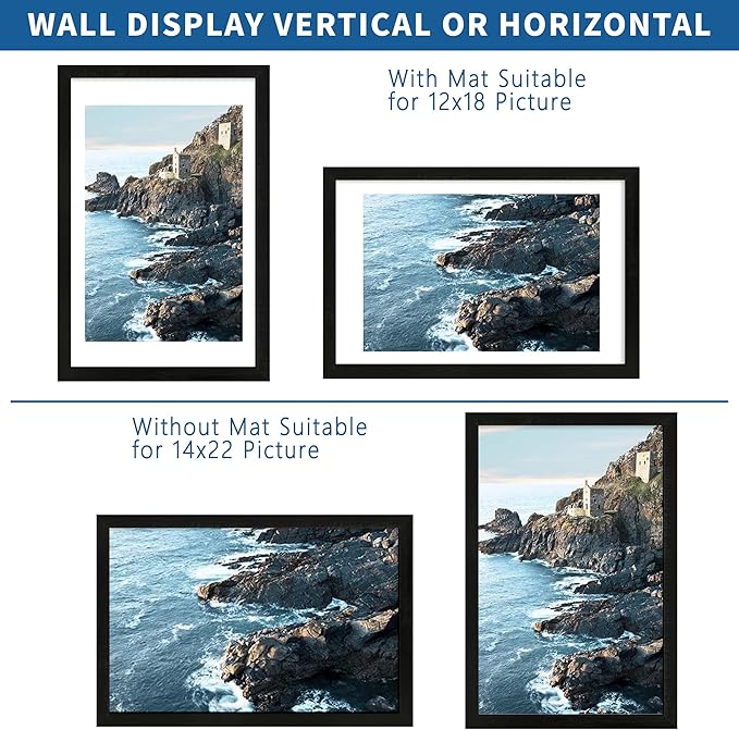 14x22 Picture Frame Set of 2, Rustic Black Wood Style - Display 14 x 22 Picture without Mat or 12x18 Picture with Mat, Wall Mounting Horizontal and Vertical