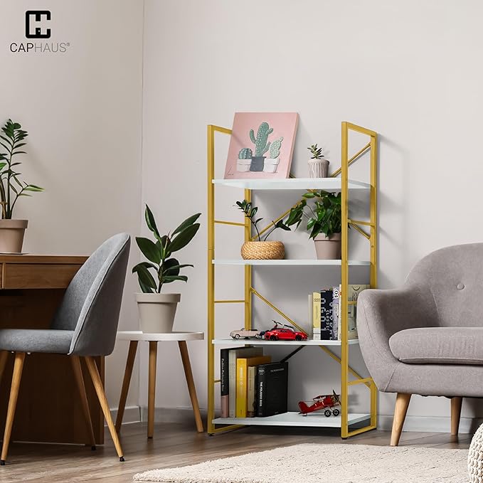 CAPHAUS 4 Tier Bookshelf, Bookcase Shelf Storage Organizer, Living Room, Kitchen, 24 Inch Width Free Standing Shelf, Industrial Book Shelves for Home Office, White Wooden Shelves & Gold Frame