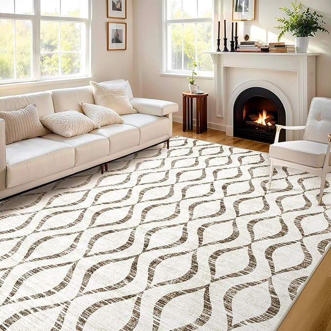 WITSHOCK 8x10 Area Rugs for Bedroom: Washable Non-Slip Soft Geometric Boho Low Pile Large Thin Indoor Rug for Living Room Dining Room, Carpet for Nursery Playroom Decor, Kid & Pet Friendly, Brown