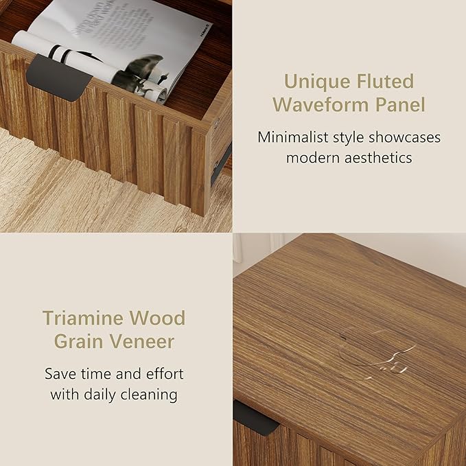 Fluted Nightstand, Natural Wood Nightstand with Drawer and Open Storage, Mid Century Fluted Side Table Modern Bedside Stand with Wood Veneer for Bedroom, Office, Walnut&Brown