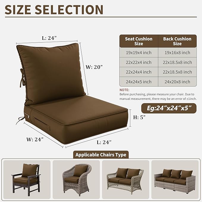 Premium Outdoor Seat Cushion Chair Cushions for Patio Furniture 24 L X 24 W X 5 H Waterproof & Fade Resistant Deep Seat and Backrest Cushion Set with Removable Covers for Chair, Sofa