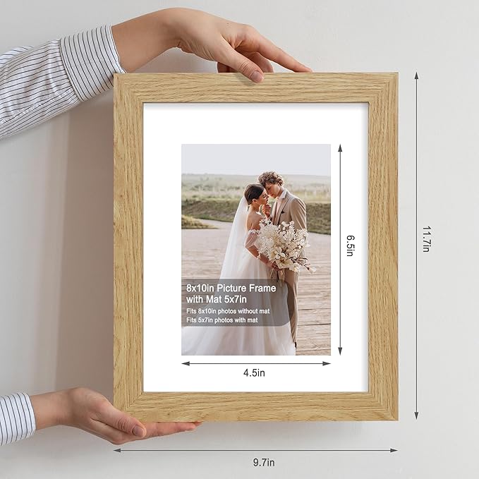 8x10 Picture Frame Set of 2, Made of Real Glass and Natural Oak Wooden Frame - Display Picture 5x7 with Mat or 8x10 Without Mat, 8 by 10 Photo for Wall or Tabletop