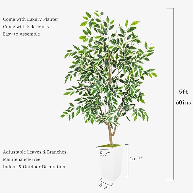 Artificial Ficus Tree 5ft, Faux Plant with White Tall Planter, Fake Ficus Leaves Plants in Pot, Artificial Floor Trees for Home Living Room Office Bedroom Foyer Porch Decor Indoor