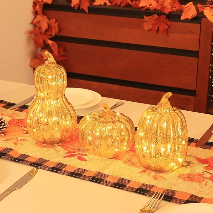 NEEDOMO Lighted Glass Pumpkin Decor, Set of 3 Gold Mercury Glass Pumpkins with Lights and Timer for Fall Thanksgiving Decorations, LED Collectible Figurines Fall Centerpiece for Tables Home