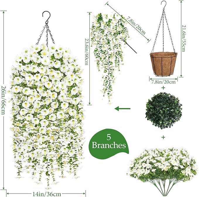 TOCHGREEN Artificial Faux Hanging Flowers Plants Basket for Spring Summer Outdoor Decor,2PCS Fake Silk Morning Glory Vines in Planter UV Resistant for Home Porch Balcony Yard (White)
