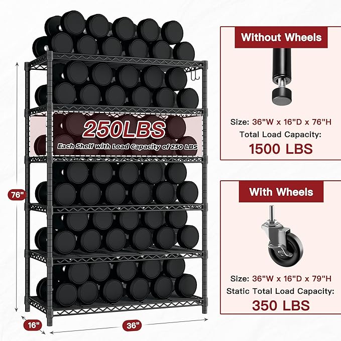 PrimeZone 2 Pack 6 Tier Wire Shelving with Wheels,Metal Shelf Heavy Duty Adjustable Kitchen Storage Shelves Unit, Pantry Organizer Rack Rolling for Garage Closet Laundry 36" W x 16" D x 79" H