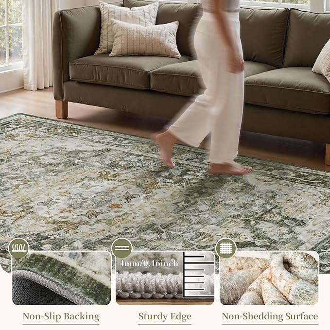 PADOOR-Vintage Runner Rug 2X10 Runners for Hallways-Soft Olive Green Washable Bedside Rugs for Bedroom-Non Slip Long Rug for Hallways Entryway Laundry Room Stair Kitchen Bathroom