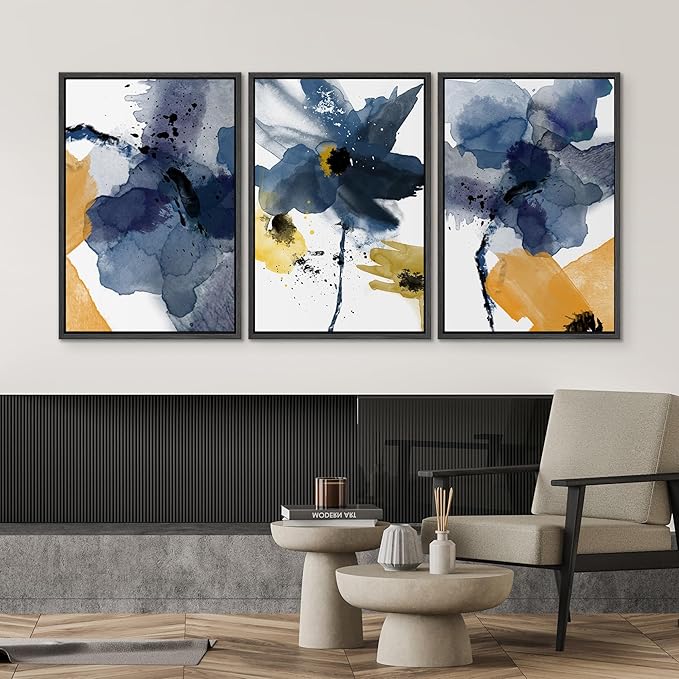 SIGNWIN Framed Canvas Wall Art Blue and Orange Blossoms Botanical Flower Watercolor Modern Art Tropical Relax/Calm for Living Room, Bedroom, Office - 24"x36"x3 Black