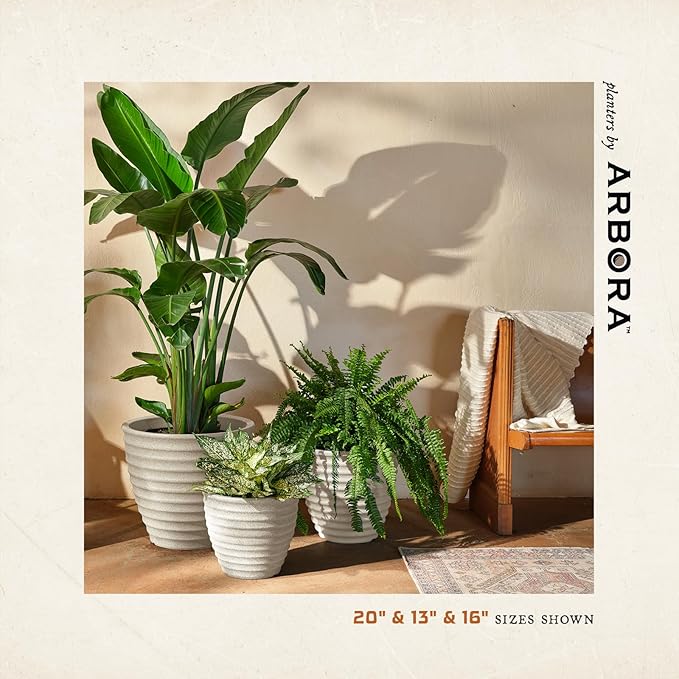 ARBORA 16" Ibiza Polyresin Indoor and Outdoor Planter with Classic Cream Finish - Durable, Weatherproof, Lightweight, Large Plant Pot for Patio, Garden, Deck, Entryway