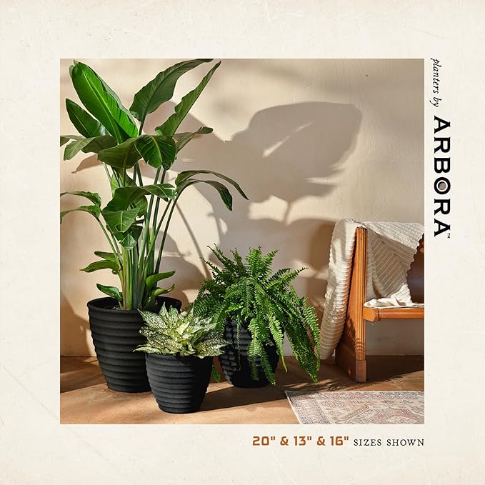 ARBORA 20" Ibiza Polyresin Indoor and Outdoor Planter with Classic Black Finish - Durable, Weatherproof, Lightweight, Large Plant Pot for Patio, Garden, Deck, Entryway