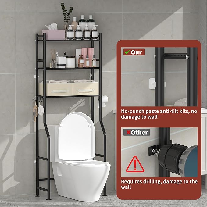 3 Tier Over The Toilet Storage Rack with 2 Basket, Metal Freestanding Bathroom Shelves Toilet with Paper Holder and 4 Hooks, Over Toilet Storage Shelf for Bathroom Storage, Black