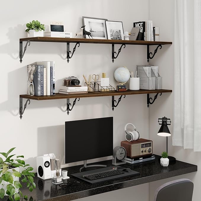 Fun Memories 55 Inch Floating Shelves, Long Floating Shelves Wall-Mounted, 12 Inch Deep Bookshelf with Bracket, 55" W x 12" D Shelves for Wall Display & Storage, Walnut, Set of 2