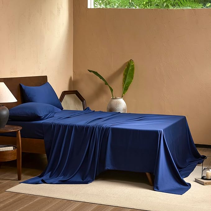 EVERLY Full Sheets Set,Luxuriously 400 Thread Count Organic Viscose Derived from Bamboo Bed Sheet,Cooling Sheets for Full Size 4 Piece Deep Pockets Bedding Sheets &Pillowcases-Navy Blue