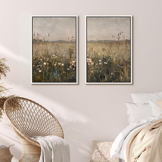 MUDECOR Framed Canvas Print Wall Art Set Golden Meadow Wildflowers Rustic Floral Field Landscape Illustrations Modern Art Decorative Bohemian Zen for Living Room, Bedroom, Office - 16"x24"x2 White