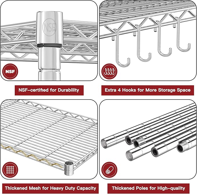 PrimeZone 4 Pack Steel Storage Wire Shelving 5 Tier Metal Shelves with Wheels,Adjustable Kitchen Utility Shelving Unit,Pantry Rack Rolling Metal Shelf Laundry,Chrome 24" Wx18 Dx75 H