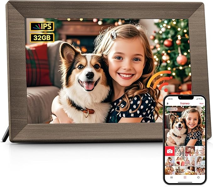 Frameo 10.1" Digital Picture Frame, Smart WiFi Digital Photo Frame with 1280x800 HD IPS Touch Screen 32GB Memory Auto-Rotate Wall Mounted, Share Photos/Videos from Phone Anywhere(Gray Wood)