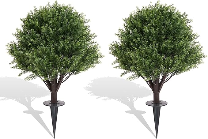 27" Tall Artificial Cedar Topiary Ball Tree with Ground Spike Set of 2, UV Resistant Faux Plants Outdoor, Realistic Large Greenery Fake Bushes and Shrubs for Planters Front Porch Garden Backyard Decor