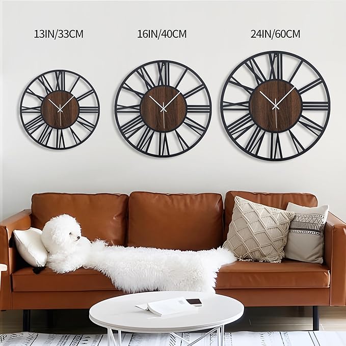 LEIKE Large Wall Clocks,Silent,Non Ticking,Battery Operated Small Vintage Round Modern Wood Wall Clock for Living Room, Bedroom,Kitchen,Farmhouse,Office Decor-13.5 Inch(Black-Roman Numerals)