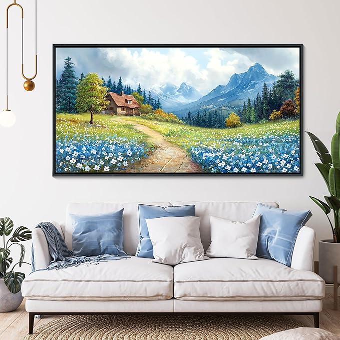 CHATYOUNG Framed Canvas Wall Art Paintings, Blue Misty Mountains Country Cottage White Flowers Spring Landscape Wall Pictures Large 20"X40" for Living Room Bedroom Bathroom Home Decor Gift