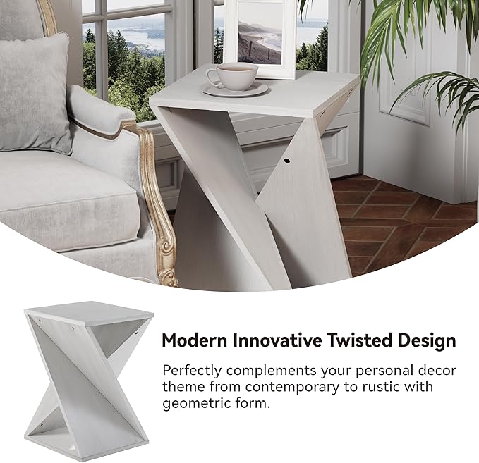 Modern End Table Square Solid Wood Pedestal Side Table Rustic Plant Stand with Twisted Design for Living Room, Bedroom, Office, White