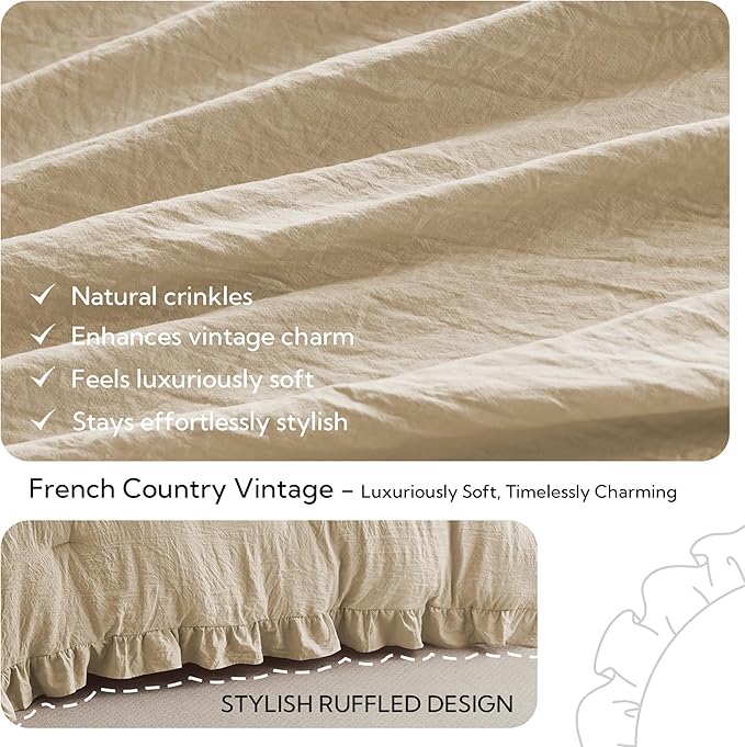 MR&HM Ruffle Comforter Set, Twin Comforter Sets for College Dorm,Linen Boho Bed in a Bag Set 5 Pieces with 1 Comforter,1 Flat Sheet, 1 Fitted Sheet,1 Pillowcases & 1 Pillow Shams for All Seasons
