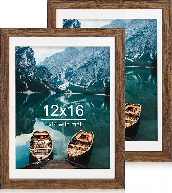 12x16 Picture Frame Set of 2, Rustic Brown Wood Style - Display 12 x 16 Poster without Mat or 11x14 Picture with Mat, Wall Mounting Horizontal and Vertical