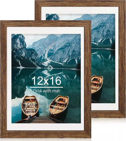 12x16 Picture Frame Set of 2, Rustic Brown Wood Style - Display 12 x 16 Poster without Mat or 11x14 Picture with Mat, Wall Mounting Horizontal and Vertical
