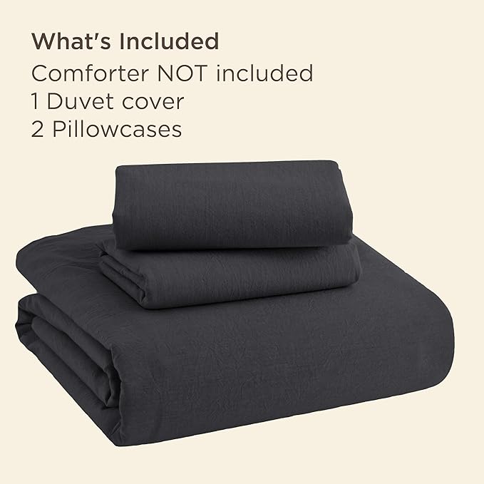 Bedsure 100% Stone Washed Cotton Duvet Cover King - Charcoal Minimalist Cotton Duvet Cover Linen Like for All Seasons - GentleSoft™ Plain Simple Bedding, 3 Pieces (Charcoal, King, 104"x90")
