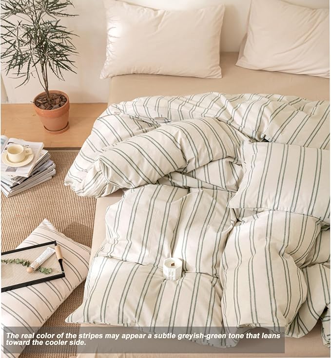VM VOUGEMARKET Teen Boys Duvet Cover Set Twin,Greyish-Green Stripes Duvet Cover with 2 Pillowcases,Modern Cozy Washed Cotton Comforter Cover with Zipper Closure & Corner Ties 68"x90"(3pcs,Twin XL)