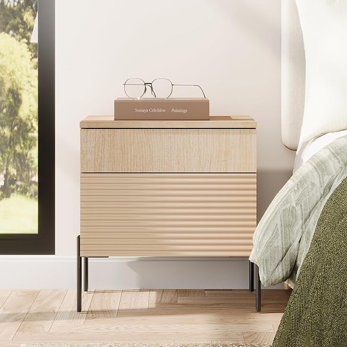 WAMPAT Fluted Nightstands Set of 2 with Charging Station,19.7" Tall Mid Century Modern Night Stands, Wood Side End Table with 2 Drawers,Wood Bedside Table with Metal Legs for Bedroom,Living Room,Beige