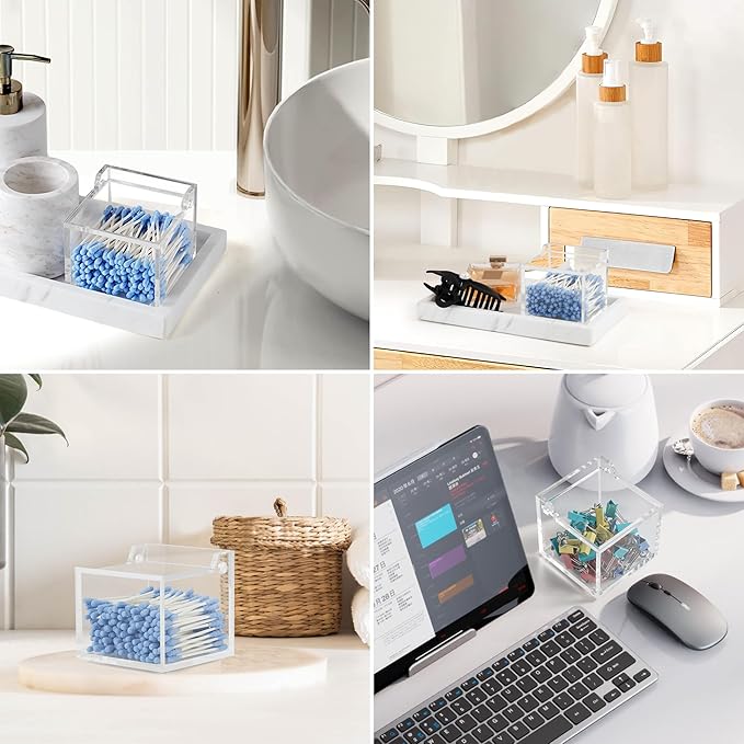Clear Acrylic Qtip Holder With Lid Cotton Balls Swab Organizer,Square Q Tip Storage, Floss Picks, Bath Salts, Cotton Wab Holder,Home Bathroom Decor (DP011)