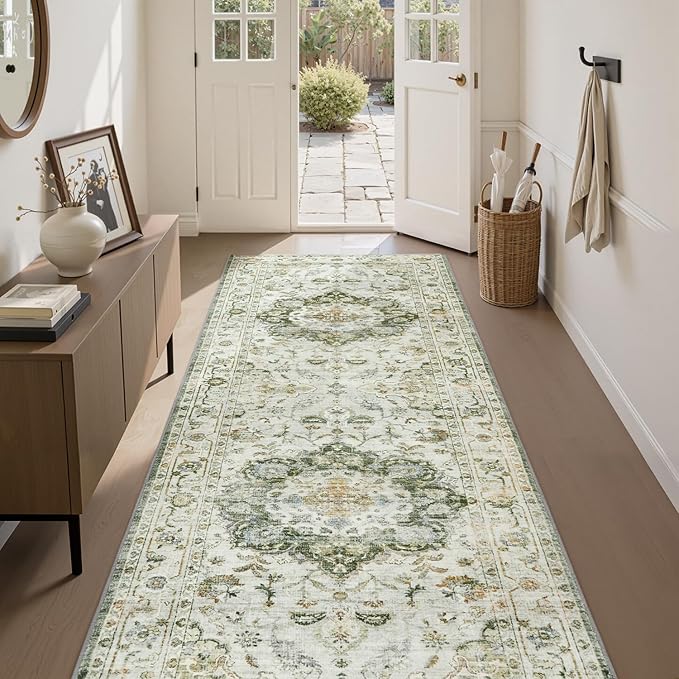 PADOOR-Vintage Runner Rug 2X10 Runners for Hallways-Soft Green Washable Bedside Rugs for Bedroom-Non Slip Long Rug for Hallways Entryway Laundry Room Stair Kitchen Bathroom