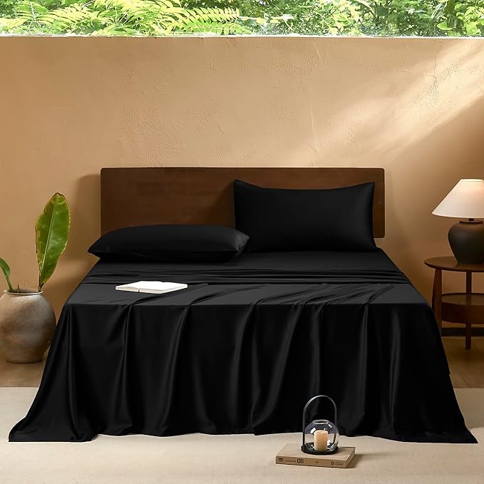 EVERLY King Sheets Set,Luxuriously 400 Thread Count Organic Viscose Derived from Bamboo Bed Sheet,Cooling Sheets for King Size 4 Piece Deep Pockets Bedding Sheets &Pillowcases-Black