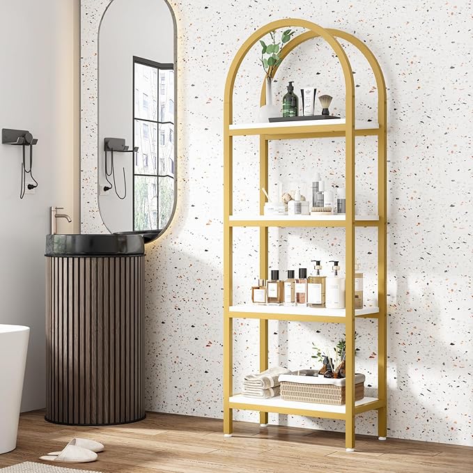 Tribesigns 4-Tier Open Bookshelf, 70.8" Modern Wood Bookcase Storage Shelves with Metal Frame, Freestanding Display Rack Tall Shelving Unit for Office, Bedroom, Living Room (White & Gold, 1PC)