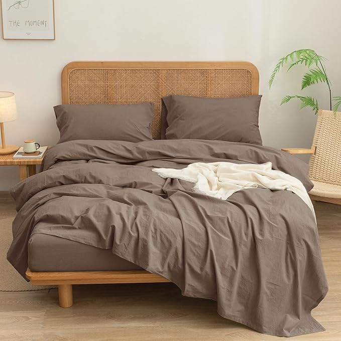 BESTOUCH Sheet Set 100% Washed Cotton Linen Feel Super Soft Comfortable Chic Lightweight 4 Pcs Home Bedding Set Solid Pine Bark Brown Full