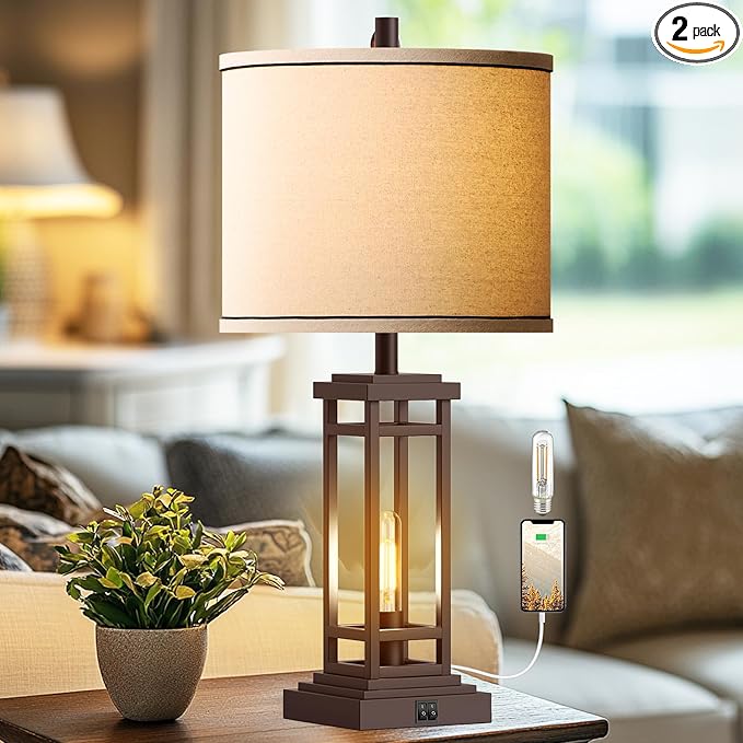 ROTTOGOON 27.5 Tall Farmhouse Table Lamp with USB C + USB A Charge Ports, Rustic Living Room Lamp, Black Industrial End Table Lamp for Bedroom Living Room Nightstand (Oil-Rubbed Bronze)
