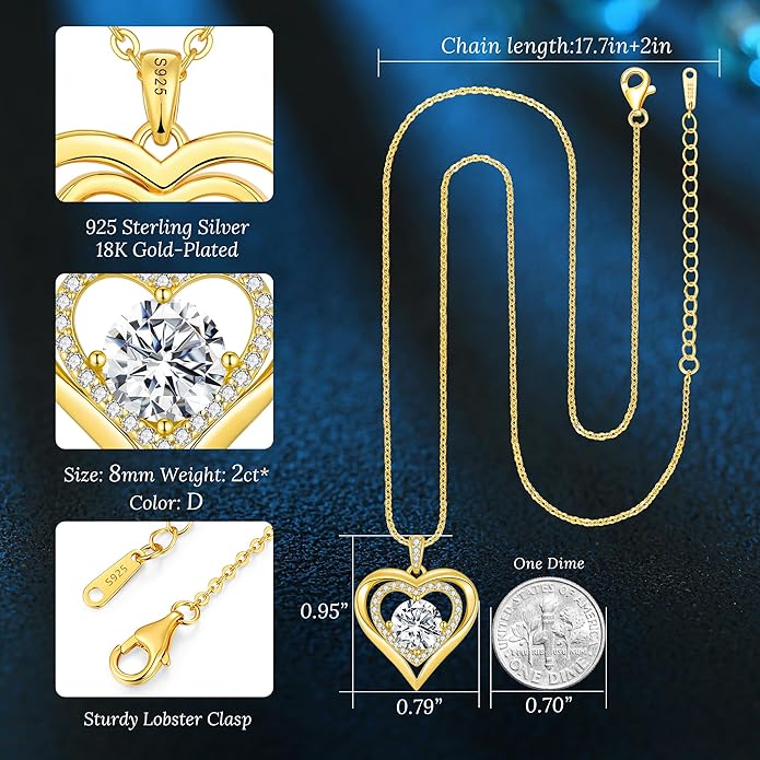 Moissanite Heart Pendant Necklaces for Women, 925 Sterling Silver Gold Plating Lab-Created Gem Necklace Engraved with 'I LOVE YOU', Ideal Anniversary Birthday Christmas Valentine Engagements Mothers Day Jewelry Gifts for Mom Wife Girlfriend Daughter Her