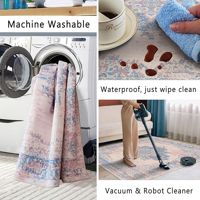vivorug Runner Rug 2'x8' Machine Washable Non-Slip Runners for Hallways Kitchen Entryway Laundry Room Vintage-Inspired Carpet Hallway Runner Pink