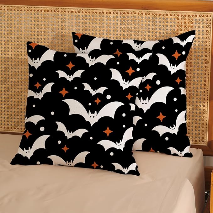 Halloween Pillow Covers 18x18 Pack of 2 Black Beige Bat Throw Pillow Covers Outdoor Decor,Autumn Halloween Decoration Black Pillowcase Farmhouse Linen Decorative Cushion Case for Sofa Couch