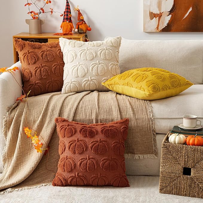 MIULEE Fall Pumpkin Pillow Covers 18x18 Inch Set of 4 - Soft Cozy Plush Decorative Pillows with Embroidered Pumpkin Pattern Autumn Halloween Holiday Decor for Sofa Couch Bed Living Room,Rust-Yellow