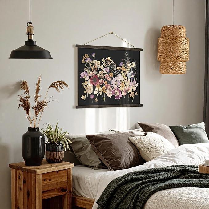 American Art Decor Framed Dried Flowers Tapestry Wall Art - Botanical Print with Blue, Yellow & Pink Blooms