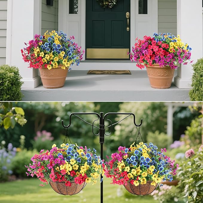 2 Set Outdoor Artificial Hanging Baskets, UV Resistant Faux Fake Hanging Flowers Plants Planters for Spring Summer Front Porch Patio Yard Garden Home Decor (Purple, Yellow, Hot Pink, Blue)