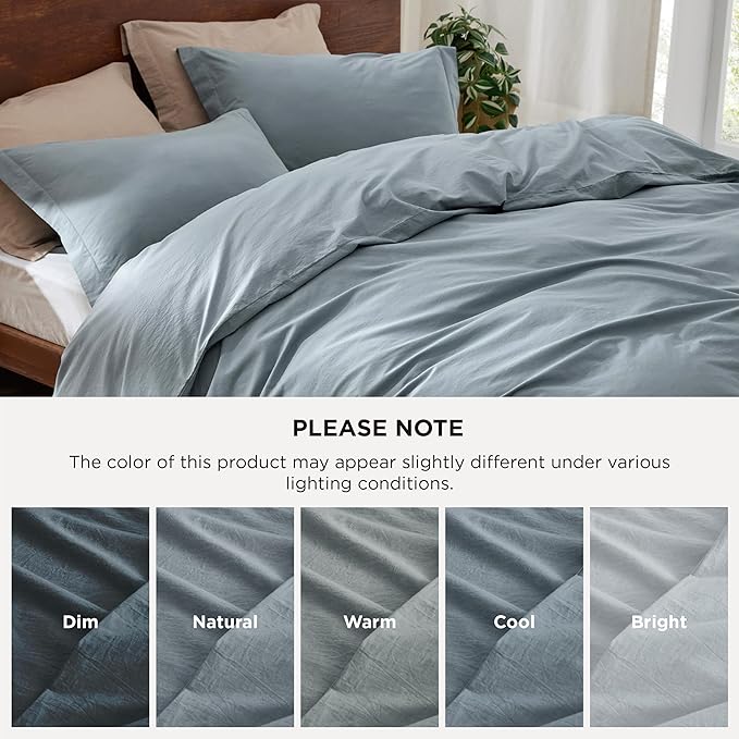 Bedsure 100% Washed Cotton Duvet Cover Queen Size - Dusty Blue Minimalist Cotton Bedding Linen Like for All Seasons - GentleSoft™ Plain Simple Duvet Cover, 3 Pieces (Dusty Blue, Queen, 90"x90")