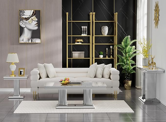 SSLine Rectangular Faux Marble Coffee Table for Living Room Modern Luxury White Marble Center Table with Silver Pedestal Base 46.8" Mid-Century Cocktail Table with Mirrored Stainless Steel Frame