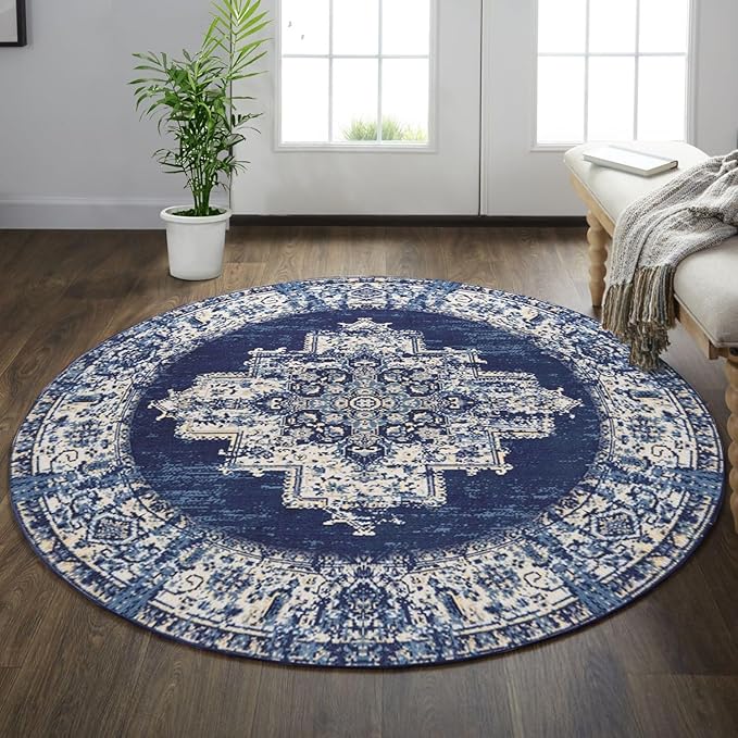 vivorug Round Rug 6ft Vintage Round Area Rug Non-Slip Indoor Carpet for Living Room Bedroom Entryway, Stain Resistant Home Decor Circle Rug, Navy Blue