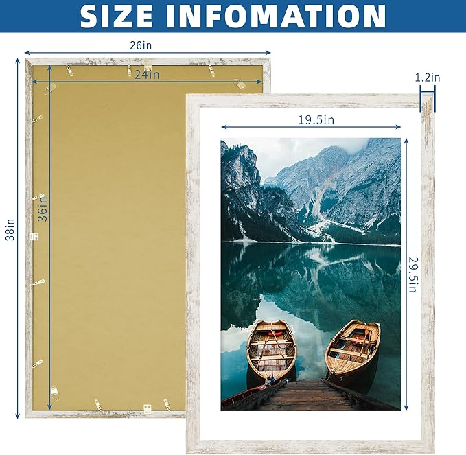 24x36 Poster Frame Set of 2, Distressed White Wood Style - Display 24 x 36 Poster without Mat or 20x30 Picture with Mat, Wall Mounting Horizontal and Vertical