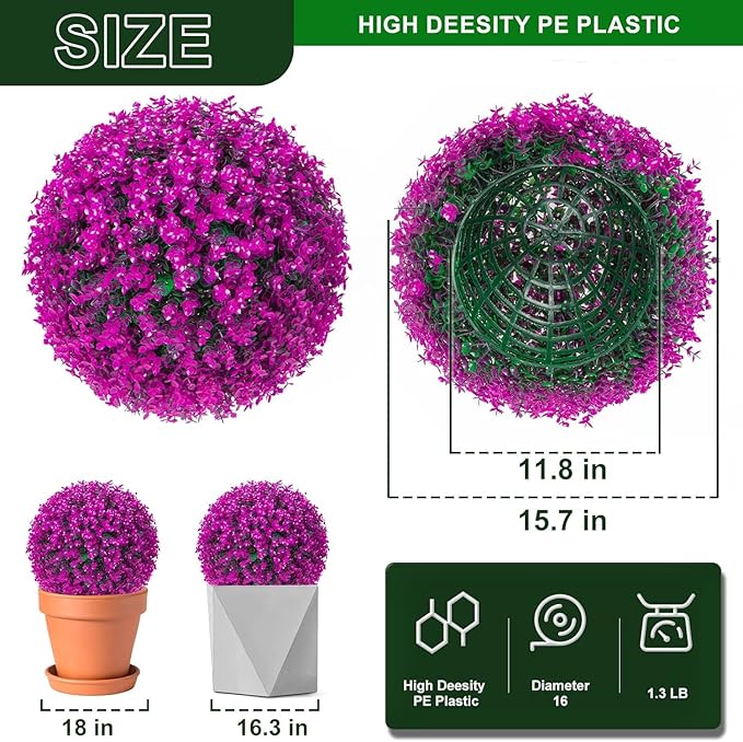 2 PCS 16 Inch Artificial Plant Purple Topiary Ball, Anti-Fading Faux Decorative Boxwood Balls, Hanging Fake Plants Balls for Garden, Wedding Party, Patio Indoor Outdoor Decor (Red)