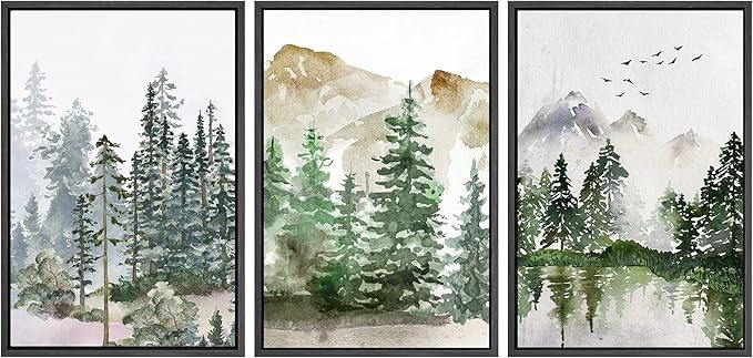 SIGNWIN Framed Canvas Print Wall Art Set Pastel Mountain Range Forest Mist Nature Wilderness Illustrations Modern Art Decorative Rustic Calm/Zen for Living Room, Bedroom, Office - 24"x36"x3 Black