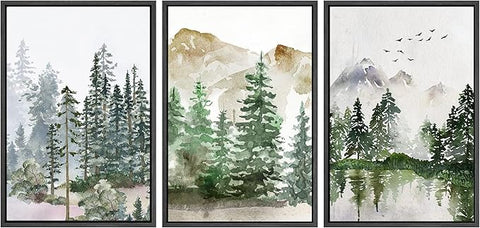 SIGNWIN Framed Canvas Print Wall Art Set Pastel Mountain Range Forest Mist Nature Wilderness Illustrations Modern Art Decorative Rustic Calm/Zen for Living Room, Bedroom, Office - 24"x36"x3 Black