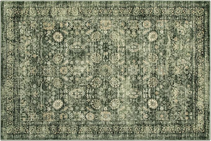 Morebes Vintage Living Room Rugs 6x9,Washable Green Area Rug Non Slip,Distressed Soft Floral Dorm Rug Boho Mat,Large Indoor Accent Floor Carpet for Nursery Kitchen Coffee Table Dining